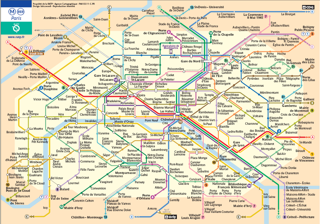 Plano completo de los transportes de París. Metro, RER y Tranvía