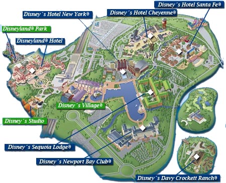 Mapa de los hoteles Disney que se encuentran en el interior del Parque de Atracciones