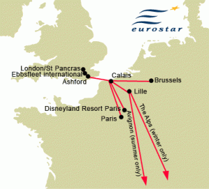 Logotipo de Eurostar y mapa de la línea. Las tres capitales de Francia, Bélgica y Gran Bretaña unidas.
